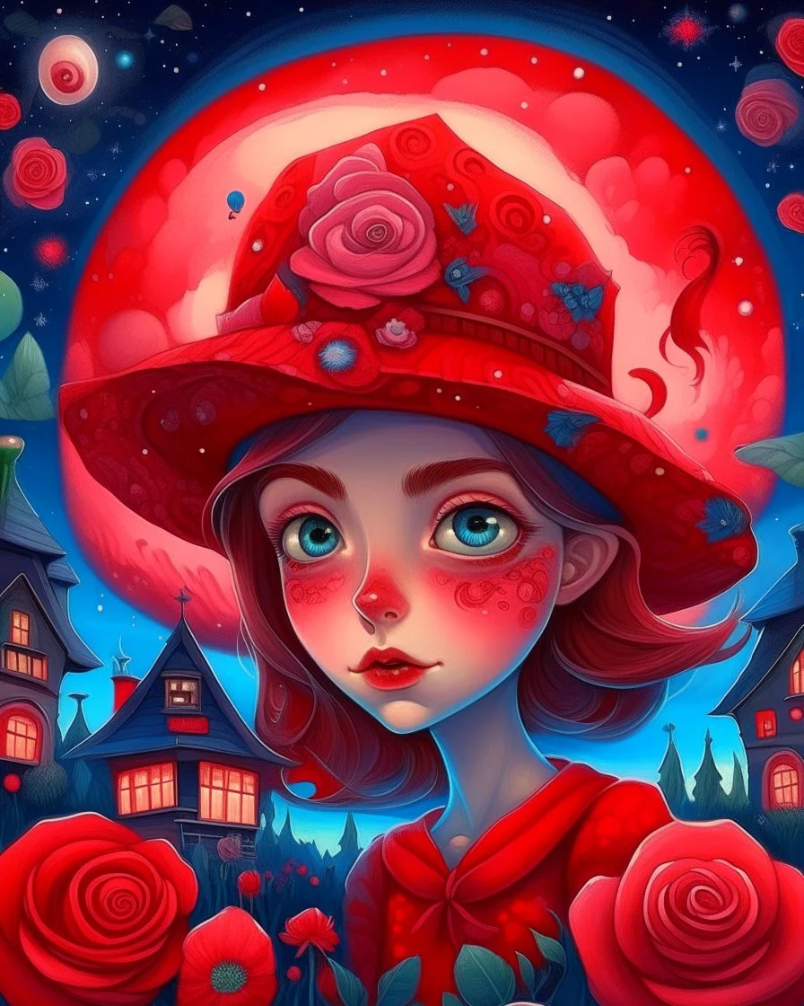 stylized artwork featuring a wide-eyed girl with a red hat in front of a whimsical house with swirling starry skies and vibrant roses. #fantasy #girl #redhat #roses #starryskies #whimsicalhouse