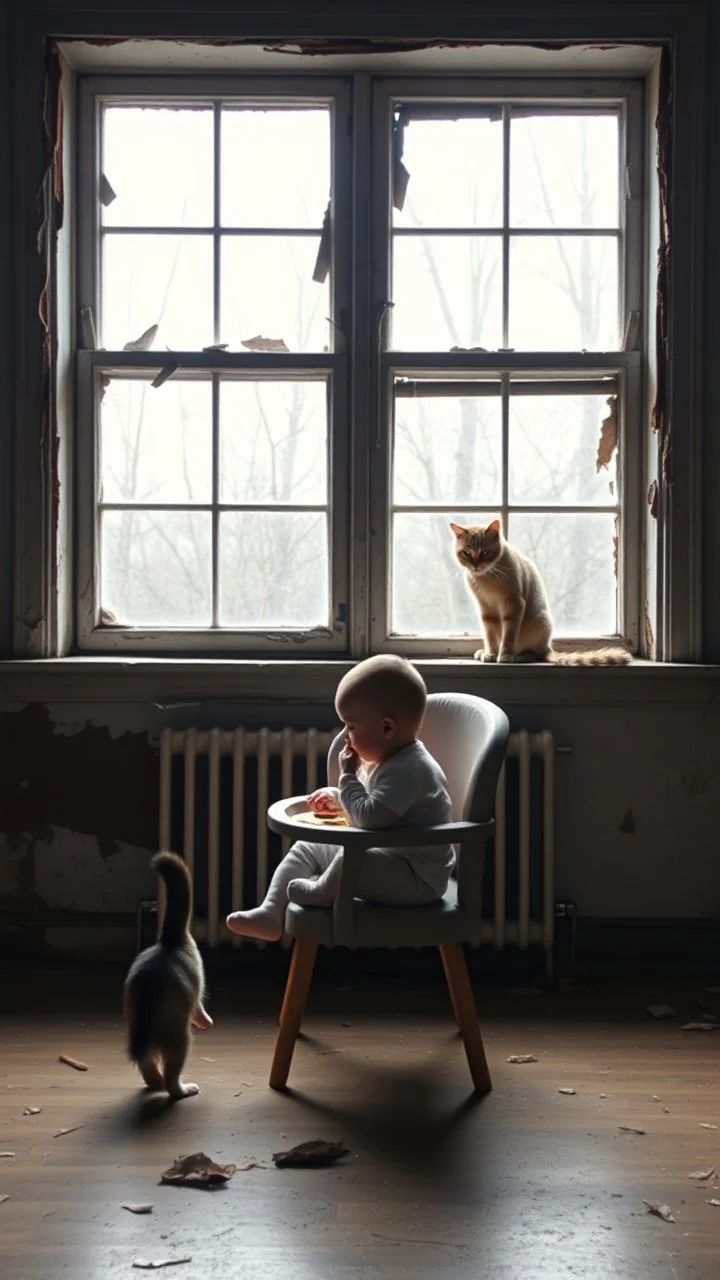 A baby sitting on baby’s eating chair in front of a big window in an abandoned damaged room , a cat out side the widow looking at him