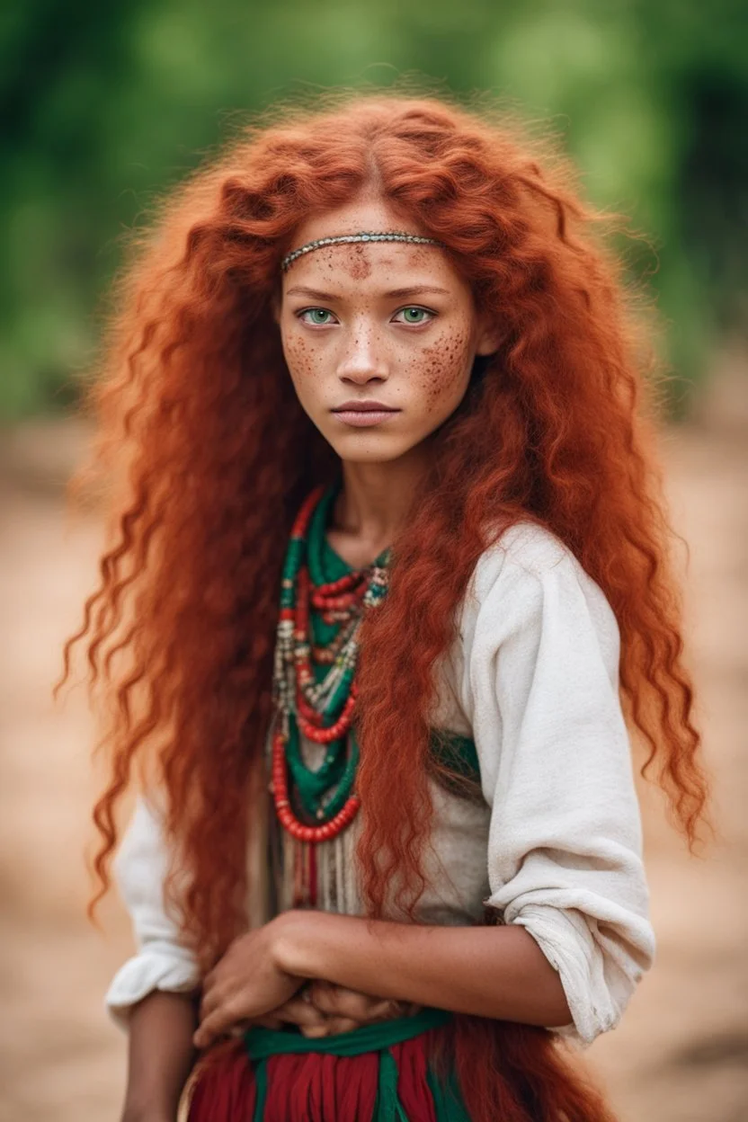 Beautiful 15-year-old girl, with green eyes and freckles on her face, with long blood-red curls, dressed in primitive and ancestral tribal clothing, practicing an ancestral dance in a primitive village