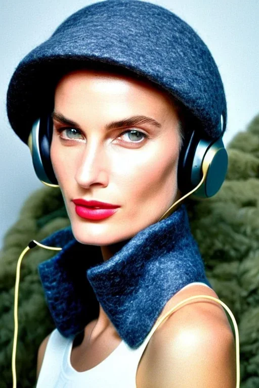 Natur. beautiful woman w/o make-up. Old-fashioned things like CD's, microphone integrated to mask! Wool visor, big headphones, golden rings. Possible materials are denim, leather, felt cloth mixed. Haute Couture 1990's. Hanhi Design matkakaveri. Tubes, nets, other structures, Recycled plastic. Sheep, chicken, turkeys. Natural Light. Possible colors: Cream white, Bronze, silver, army green, plum/blue camouflage, red ochre paint, ochre, brown and black. Thick tights. Thick calves