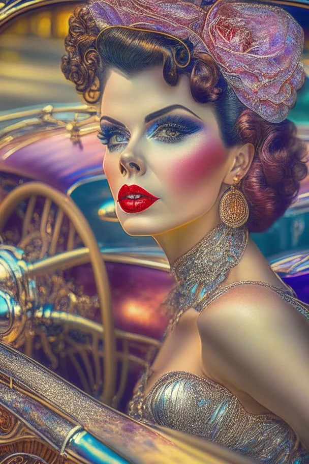 masterpiece, stunning photography of a gorgeous lady, sultre elegance, 00s pinup, intricate, highly detailed, glittering cabriolet in the background, intricate and detailed background in 1900s. style, vibrant colors, volumetric lighting, style of a 1900s, classic pinup style, by Joyce Ballantyne Brand, David Klein, Stan Calli, Saul Bass, , highly intricate, highly detailed, cinematic, hyperrealism, photorealism, photo realistic, hard focus, smooth, depth of field