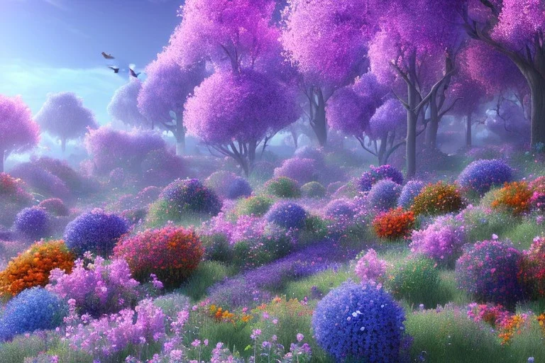 monde en fleurs bleu pink fuksia, concept art, crépuscule , trees bleu pink violet oranger, vibrant Color, réaliste