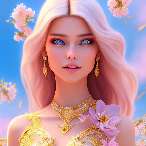 Beautyful smiling young woman, long hair amazing blue eyes, flowers, happy cosmic, bright colors, blue, pink, gold, jewels, realistic, photo real, clear sunny background, highly detailed, high contrast, 8k high definition, unreal engine 5, extremely sharp detail, light effect, sunny light background