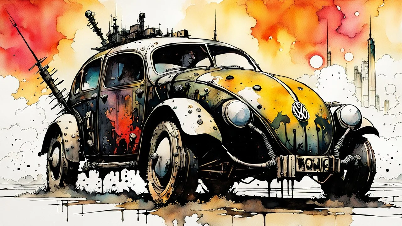 create an abstract, ink wash and watercolor print of a powerful, stripped down, armored, post apocalyptic Volkwagen beetle hot rod with highly detailed features, lost in a horrific industrial wasteland, in the comic book art style of Bill Sienkiewicz, Mike Mignola, and Jean Giraud Moebius , searing lines , forceful strokes, precisely drawn, inked, and colored
