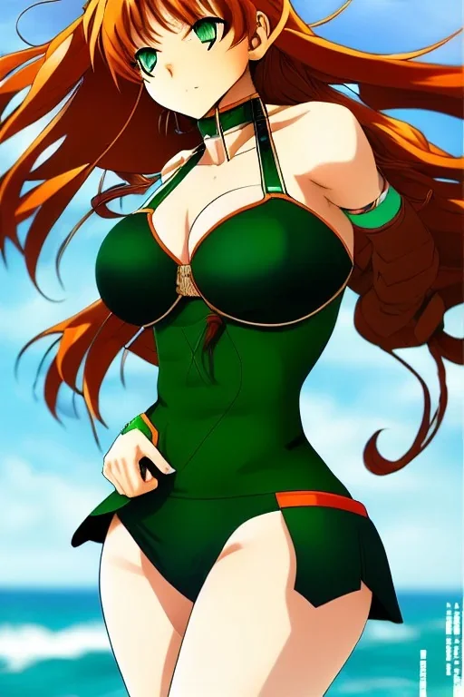 In the style of Shirow, hyper detailed, strikingly beautiful teen female, 16 years old, long ponytail, ginger hair, green eyes, medium freckles, full lips, full body, full face, tiny breasts, athletic, centred camera, ignore NSFW, bikini, athletic