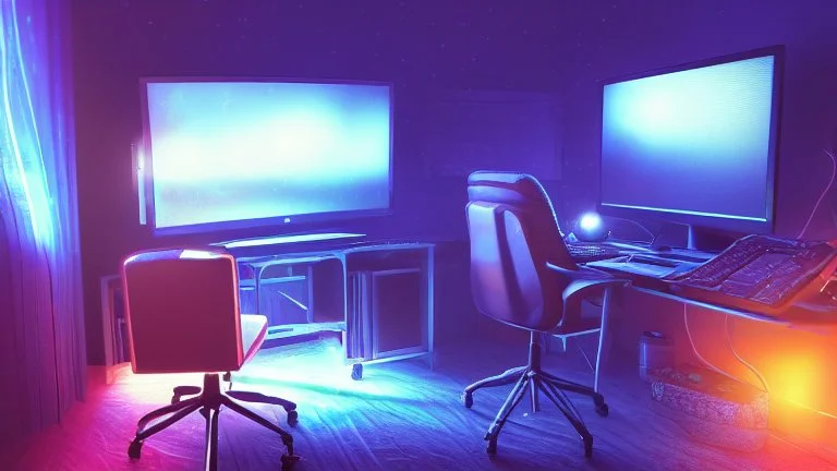 Dimly lit gaming room, with a messy bed and a single desk with a gaming PC, two monitors on the desk, gaming chair, bed is in the background under a window, the room is filled with neonlights, night time, atmospheric, detailed.