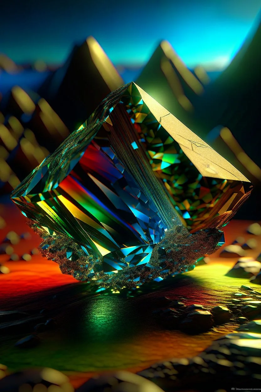 The "Prismatic Keystone" - A radiant, multi-faceted crystal embedded within the planet's highest plateau. It has the power to refract light in unique ways, influencing the planet's weather and creating optical illusions. , photo-realistic, shot on Hasselblad h6d-400c, zeiss prime lens, bokeh like f/0.8, tilt-shift lens 8k, high detail, smooth render, down-light, unreal eng