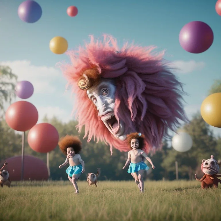 Ultra realistic circus scene. Sweet big hair monster flying. Child’s playing, strong man, smile, happy, color bubbles, smooth color, waist up view, Wes Anderson style, dark ambient, highly detailed, concept art, unreal engine 5, god rays, ray tracing, RTX, lumen lighting, ultra detail, volumetric lighting, 3d, finely drawn, high definition, high resolution.