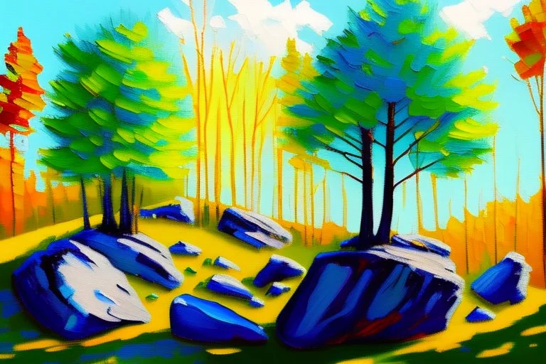 Sunny day, trees and rocks impressionism painting