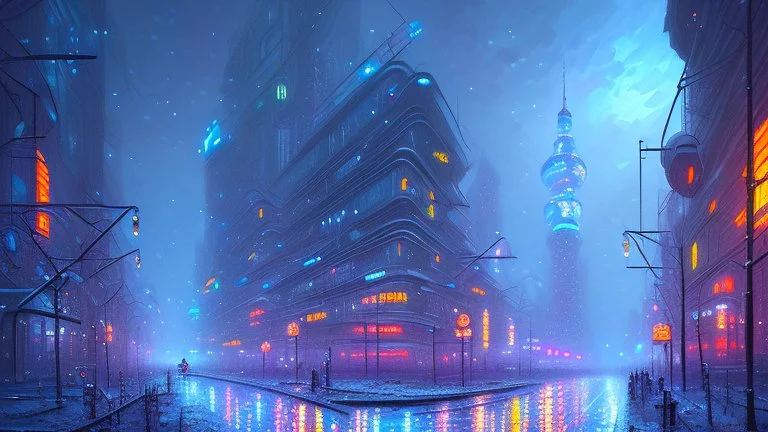 Space cyberpunk city, winter, impressionism painting