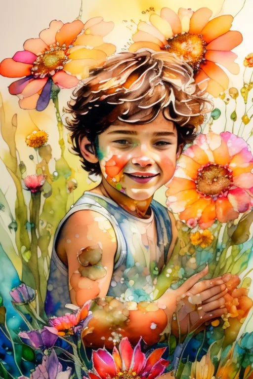 Summer flowers embraced by an alcohol ink splash, resembling Jody Bergsma's super realism infused with hyper-detailed Impressionism in 8K, a gold bar subtly nestled within the vibrant flora, a small, fluffy and slightly tanned boy exuding joy and happiness, all captured in watercolor, peaking in popularity on Artstation, photographed in a studio setting, sharp focus revealing intricate details of each