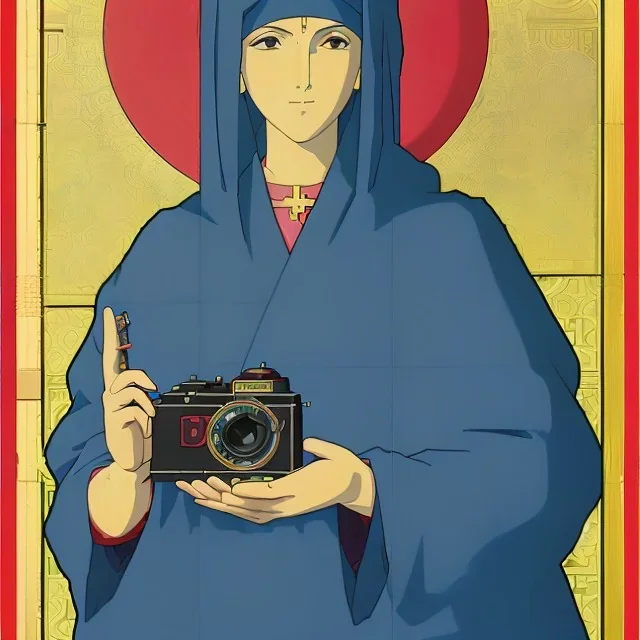 patron of photographers. holding a camera in hands. orthodox icon with saint photographer. Cyrillic inscriptions. hyperdetailed, Alphonse Mucha, Zdzisław Beksiński, poster, illustration, ink, oil on canvas, 18th century atlas