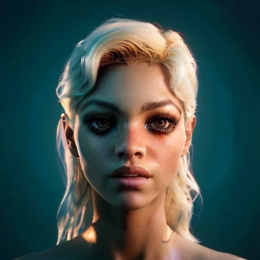 Shakira, artist, 30 years old, Realistic image, waist up portrait, Helmut Newton style. blonde, loose long hair, eyes make up, perfect, glow, circle iris. concept art, smooth, unreal engine 5, god lights, ray tracing, RTX, lumen lighting, ultra detail, volumetric lighting, 3d, finely drawn, high definition, 4k.