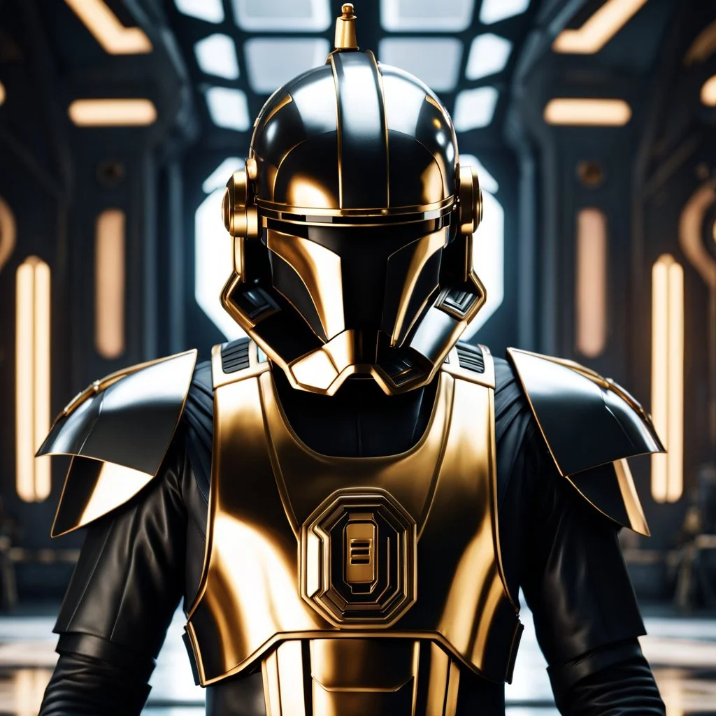 star wars bald male corellian pilot wearing pearlescent black and gunmetal grey First Order special forces armor and helmet with gold trim inside the jedi temple, centered head and shoulders portrait, hyperdetailed, dynamic lighting, hyperdetailed background, 8k resolution, volumetric lighting, light skin, fully symmetric details