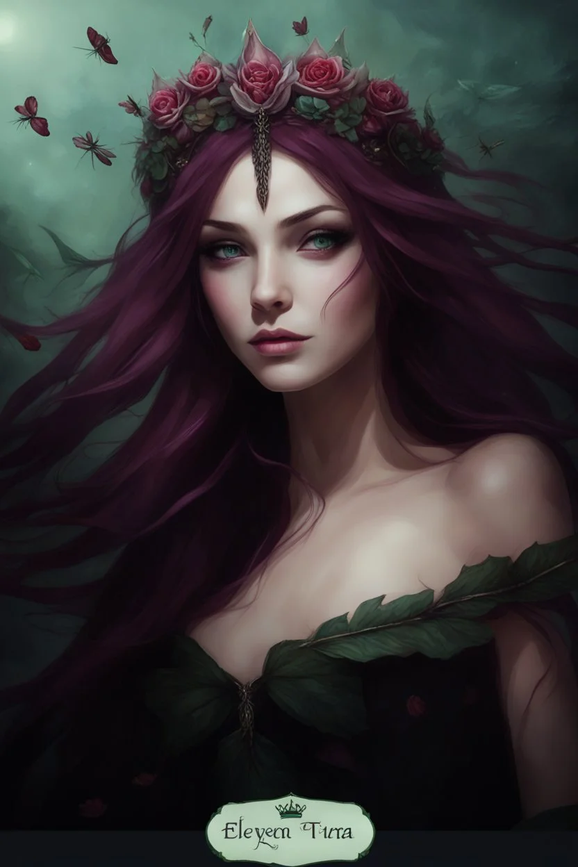 Dark purple hair, elven crown, very long hair ,roses emerald, Water lilies, long hair,lotus ,night, Fairy princess rapunzel hair ,queen crown, dragonflies fireflies ,elven tiara ,flowers, fairy wings, gothic, red ,fairy crown,butterflies