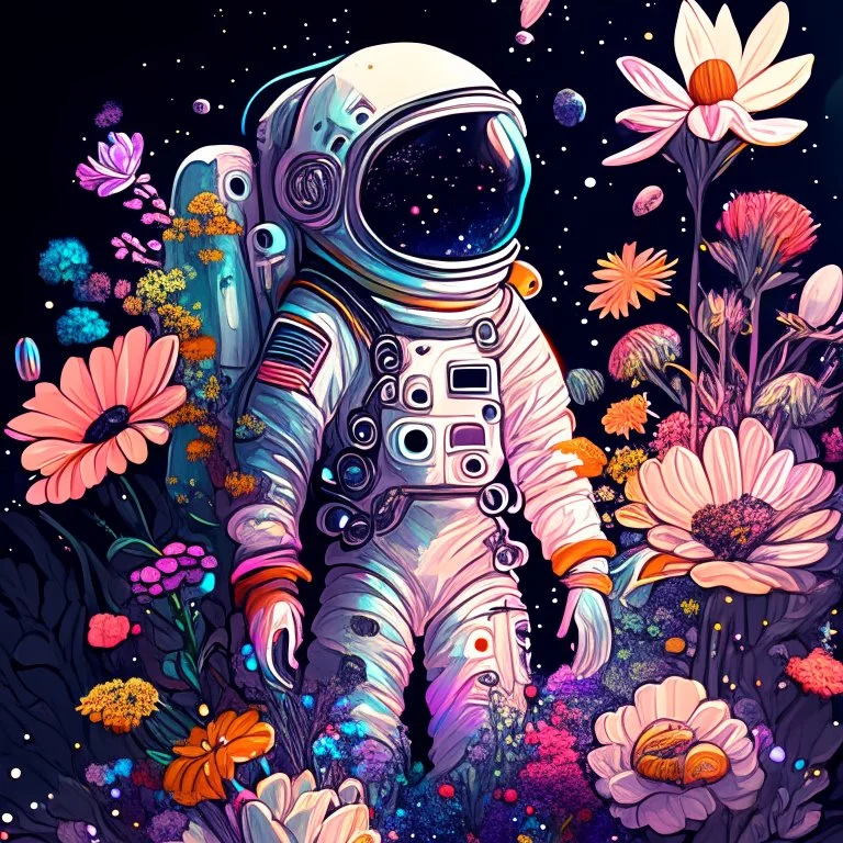 "floral astronaut" hand-drawn digital art, flowers everywhere, colorful garden, beautiful galaxy, REALISTIC, anime, 4k, high resolution, full details, 2560x1600