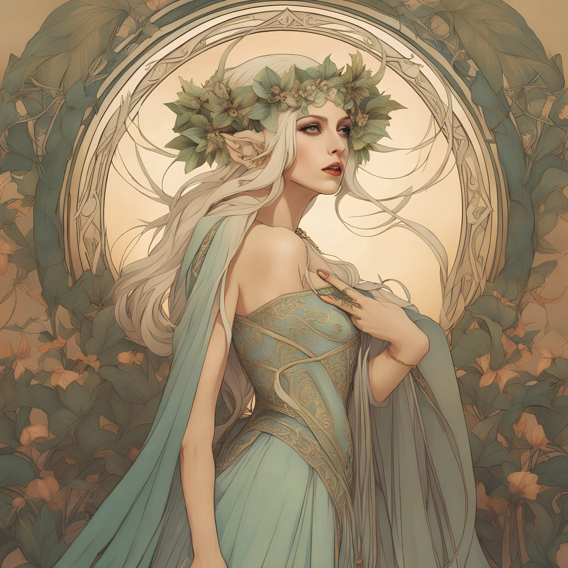 art by Alfons Mucha, Lady Gaga as an elf princess in an elven kingdom, HD 4K