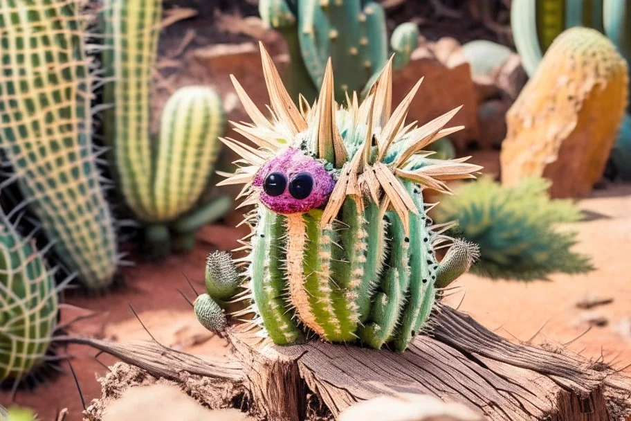 cute cacti creature on driftwood in the flowergarden