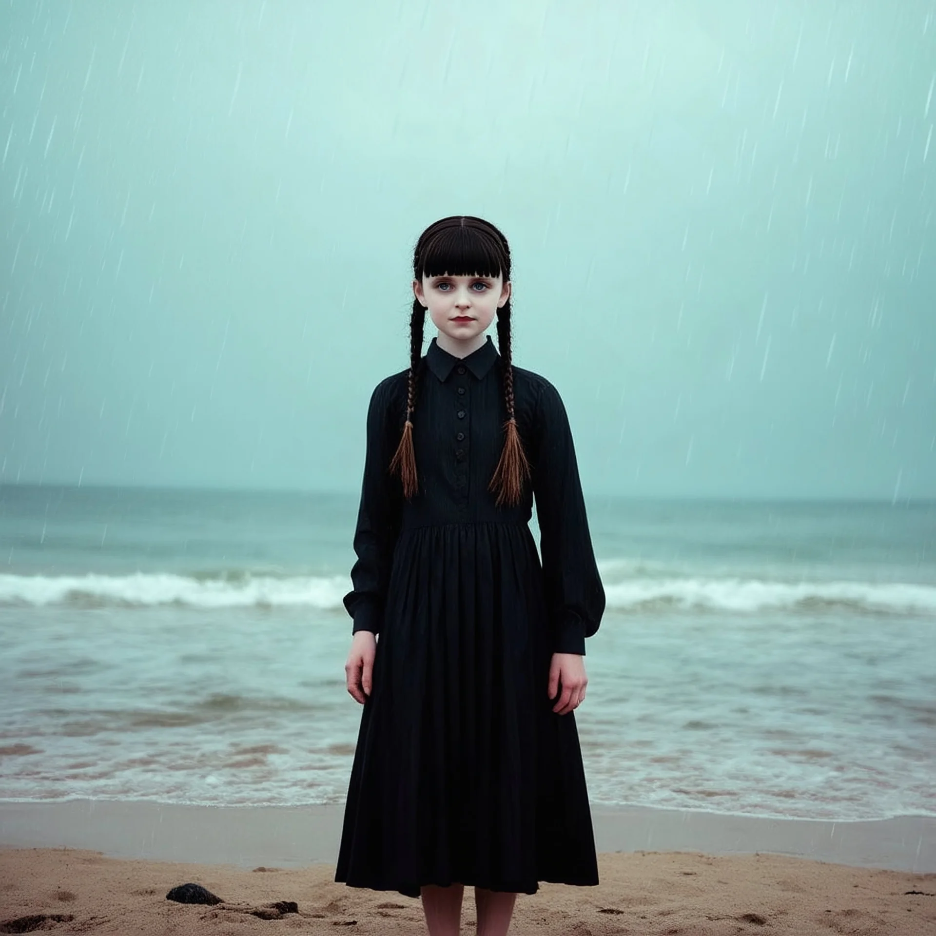Wednesday addams on the beach, with bangs and braids, autochrome, liminal atmosphere, its raining
