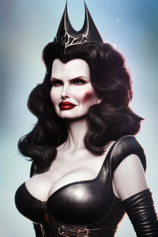 Geena Davis as evil queen in black leather, leather, busty, cleavage, angry, rage, stern look. character design by cory loftis, fenghua zhong, ryohei hase, ismail inceoglu and ruan jia. unreal engine 5, artistic lighting, highly detailed, photorealistic, fantasy