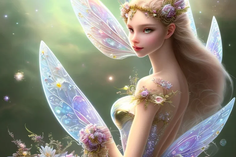 one very little beautiful fairy on a big crystal subtle flower in a galactic ambiance, transparent petals, delicate colors, in the foreground, full of details, smooth, bright sunshine，soft light atmosphere, light effect，vaporwave colorful, concept art, smooth, extremely sharp detail, finely tuned detail, ultra high definition, 8 k, unreal engine 5, ultra sharp focus