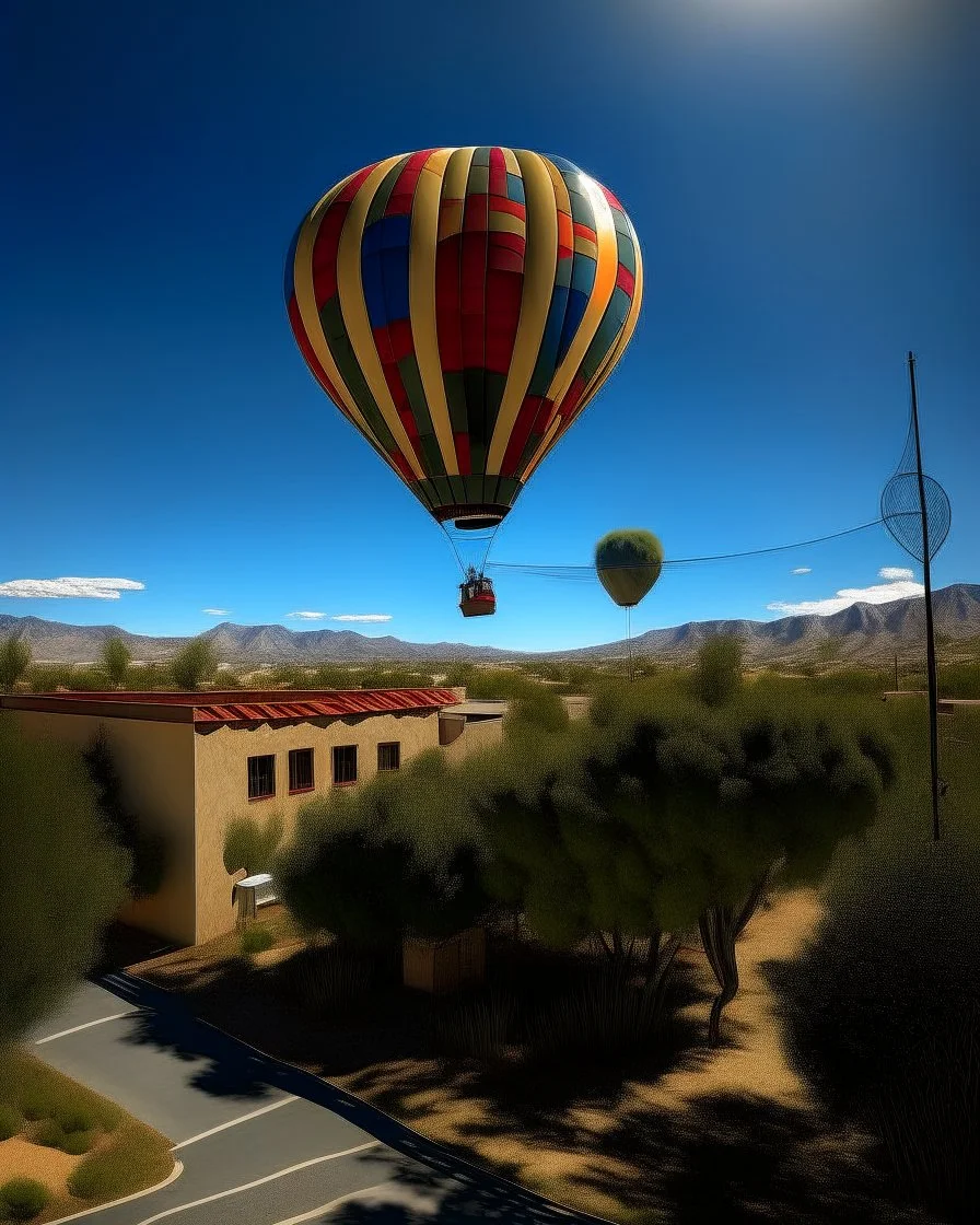 A photorealistic picture of a hot air balloon flying over Albuquerque new mexico