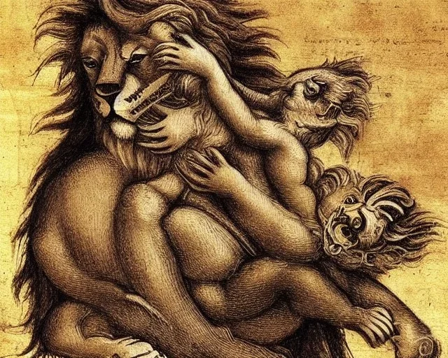 lion in space hugging mozart by leonardo de vinci