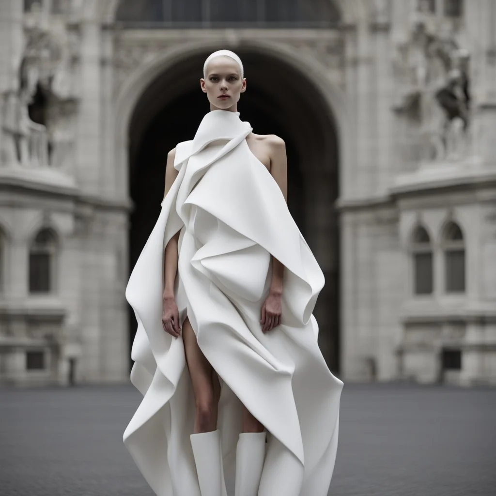 oversize dress, white, avant-garde design, street style, post modern design, traditional and new, haute couture, model, fashion show, full body, front stance, mannequin, fashion design, exploring the intersection of creativity and self-expression art by unconventional materials and interactive elements,