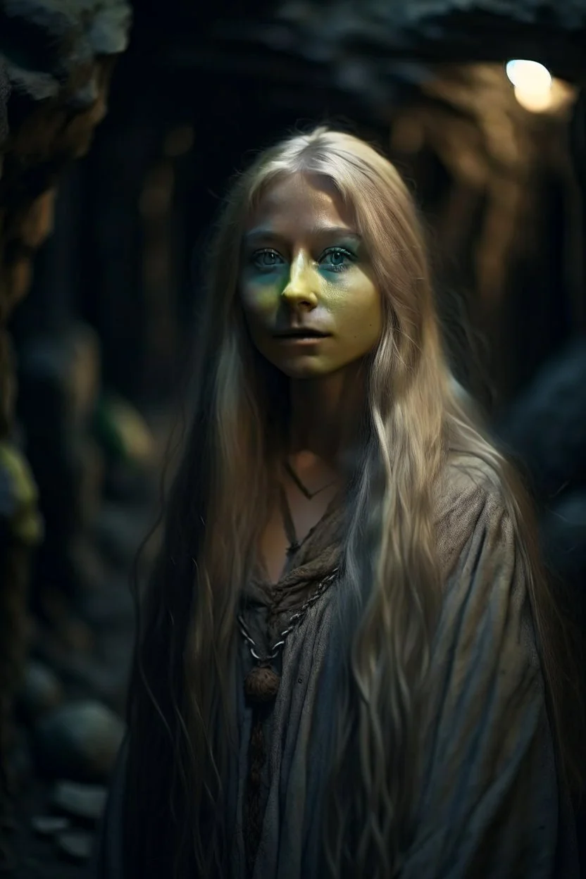 underground grove, with bricks and stones, portrait of Dina with pale, ethereal features with long silver hair that seems to shimmer in the moonlight. She dresses in flowing, dark-colored clothing that accentuates her mysterious aura. photo-realistic, shot on Hasselblad h6d-400c, zeiss prime lens, bokeh like f/0.8, tilt-shift lens 8k, high detail, smooth render, down-light, unreal engine 5, cinema 4d, HDR, dust effect, vivid colors, smoke