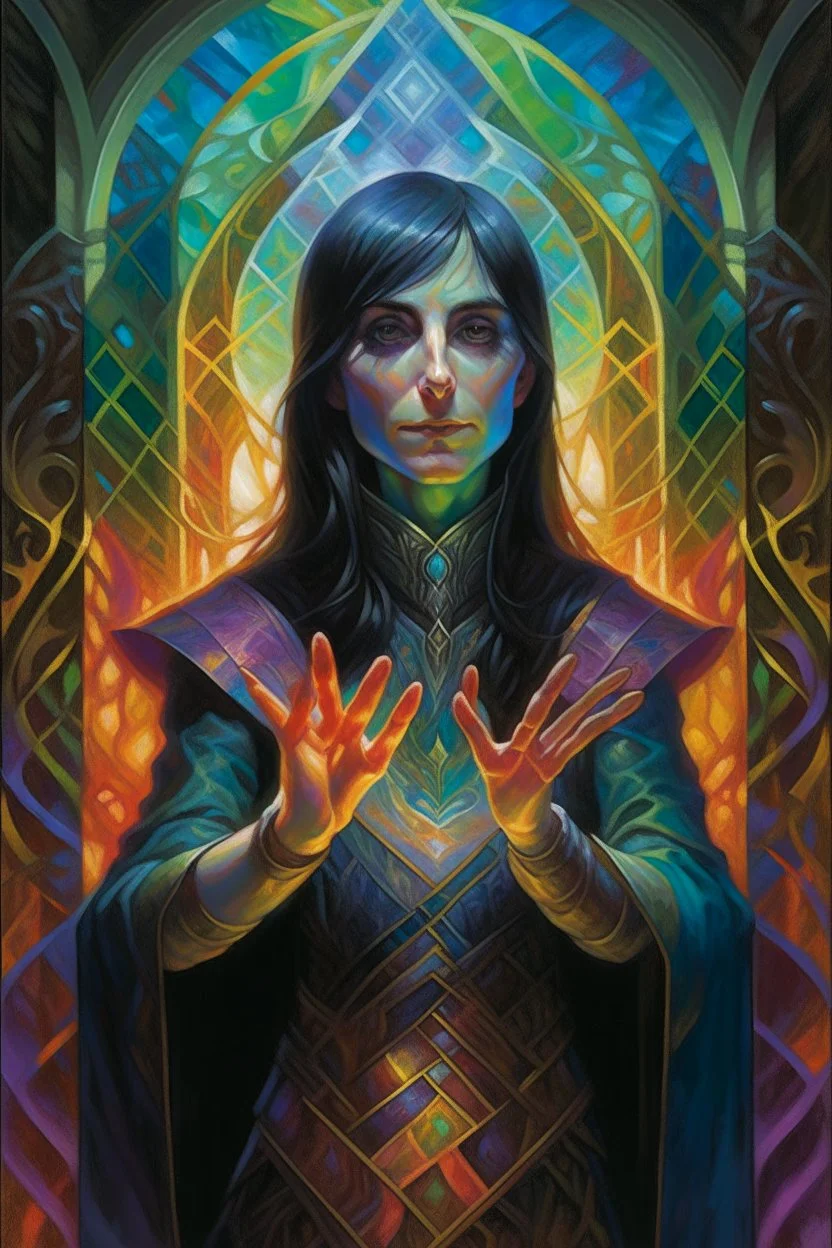 1970's dark fantasy cover dnd style oil painting of an holographic medieval woman gipsy elf casting a spell with minimalist far perspective in an abstract pattern background.