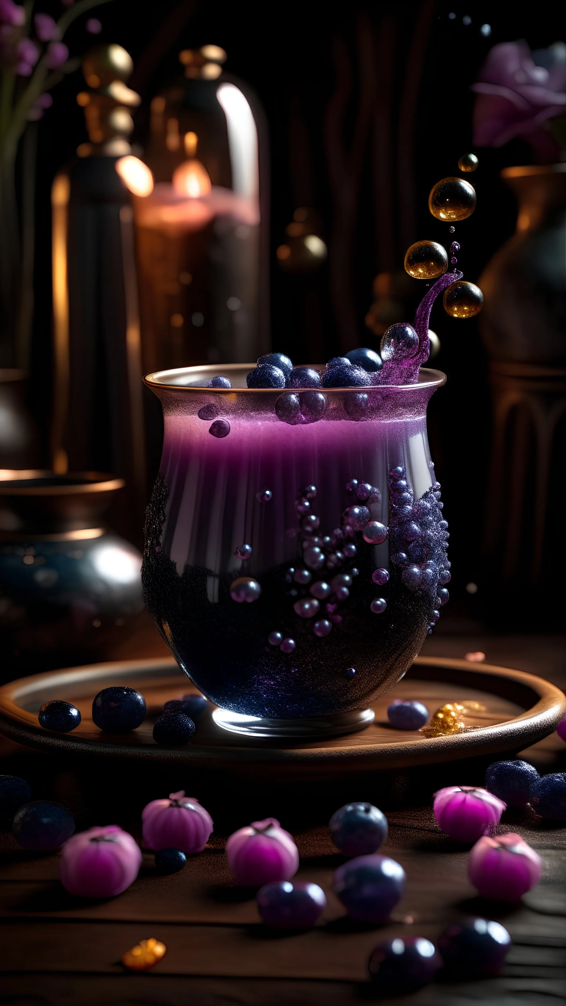 witch's brew, bubble tea, crystal glass, beverage, standing on table in witch's hut, magical, cute, girly, purple, pink, tapioca pearls are glowing stars and moons, magic symbols, magic flowers and plants, photo realistic, hyper detailed, studio photo, intricate details, highly detailed, Miki Asai Macro photography, close-up, hyper detailed, trending on artstation, sharp focus, studio photo, intricate details, highly detailed, by greg rutkowski