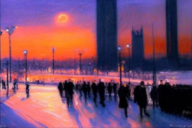 People, sunset, city, city lights, street lights, winter, distant city, philip wilson steer impressionism painting