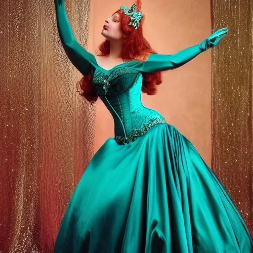 Picture of a princess with long auburn hair in a big teal green and gold satin ballgown corset off shoulder top and long white gloves dancing