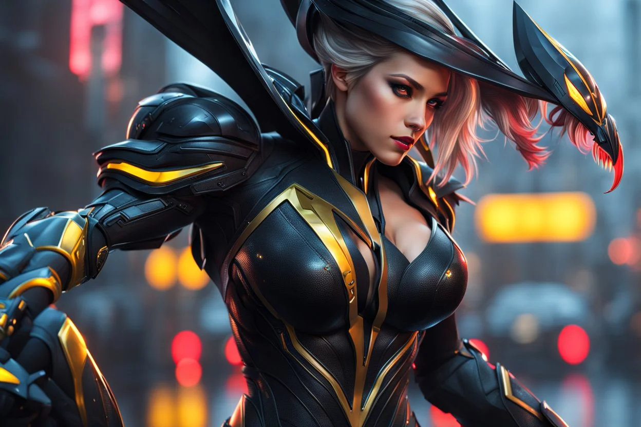 Mercy in 8k realistic cgi drawing style, venom them, close picture, rain, neon, intricate details, highly detailed, high details, detailed portrait, masterpiece,ultra detailed, ultra quality