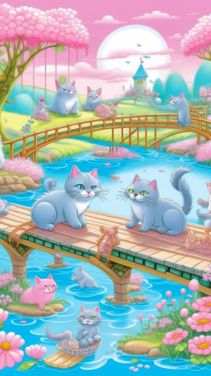 in the center: beautiful chunky pink cats playing on a bridge with grey mice, under the brigde flows a small blue river; background: landscape, first plan: pink flowers: white clouds