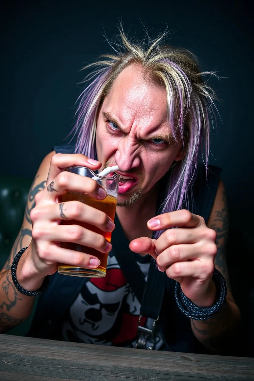 A very angry and bitter punk rocker tries to drink through a paper straw and gets angry