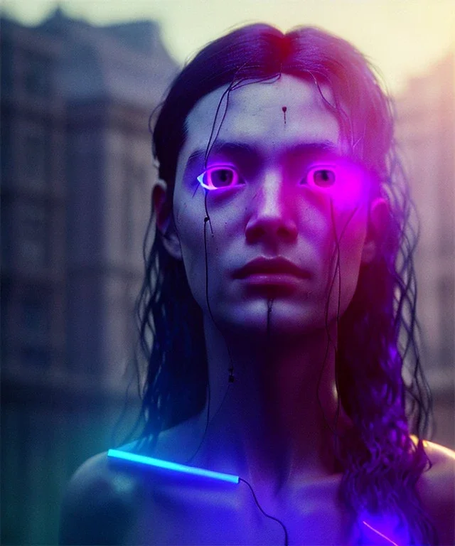 Ultra realistic photographic night portrait, cinematic, naked, long hair <sexy woman> <hanging wires> many wires coming out of the head <perfect pupil> <cyborg> <garage> <wide angle Shot> <sci-fi futuristic> <thriller>, fog, soft color, highly detailed, unreal engine 5, ray tracing, RTX, lumen lighting, ultra detail, volumetric lighting, high definition.