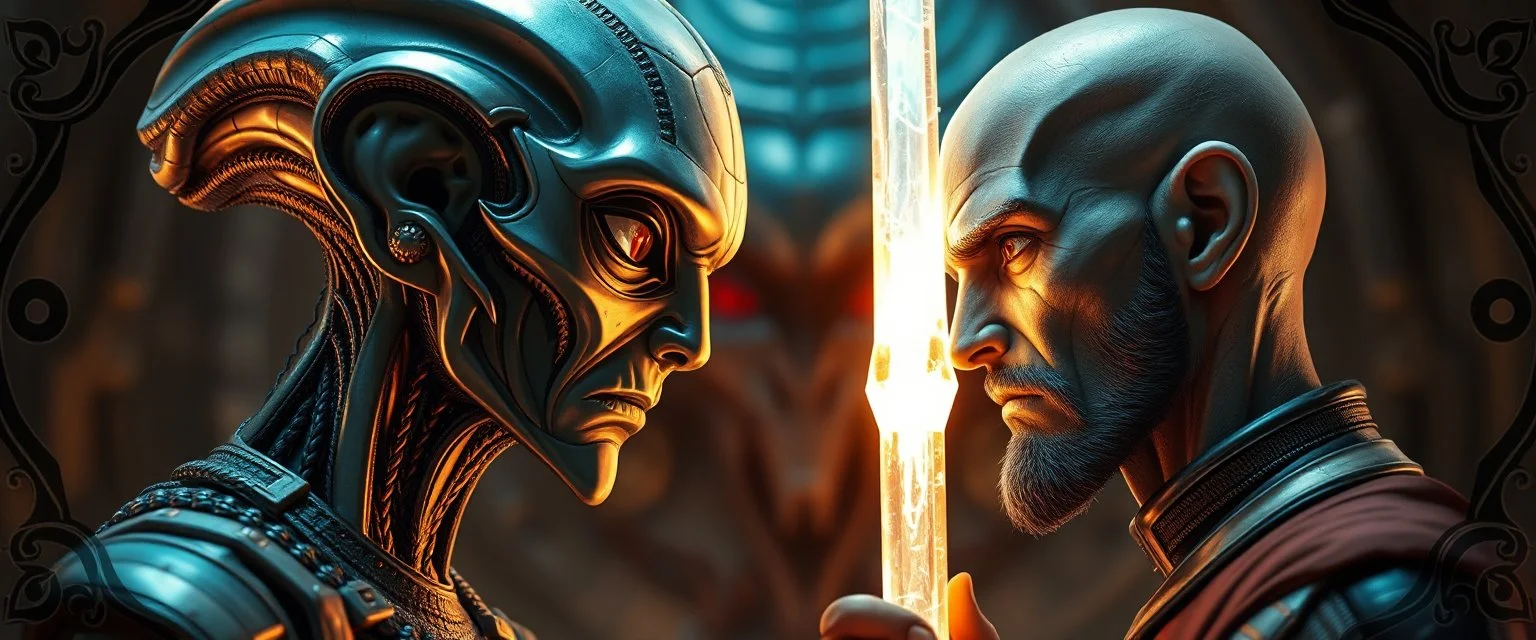 Close-up confrontation between an ancient alien outcast leader synth and a space broker, standing only a meter apart, intense eye contact, glowing crystalline rod between them, anger mixed with sadness, dramatic facial expressions, shallow depth of field, cinematic lighting, stylized 3D anime, airbrush painting, crisp outlines, , rembrandt , black swirly border with sacred geometry, characters drawn in front of border, eye tyrant beholder in blurred background