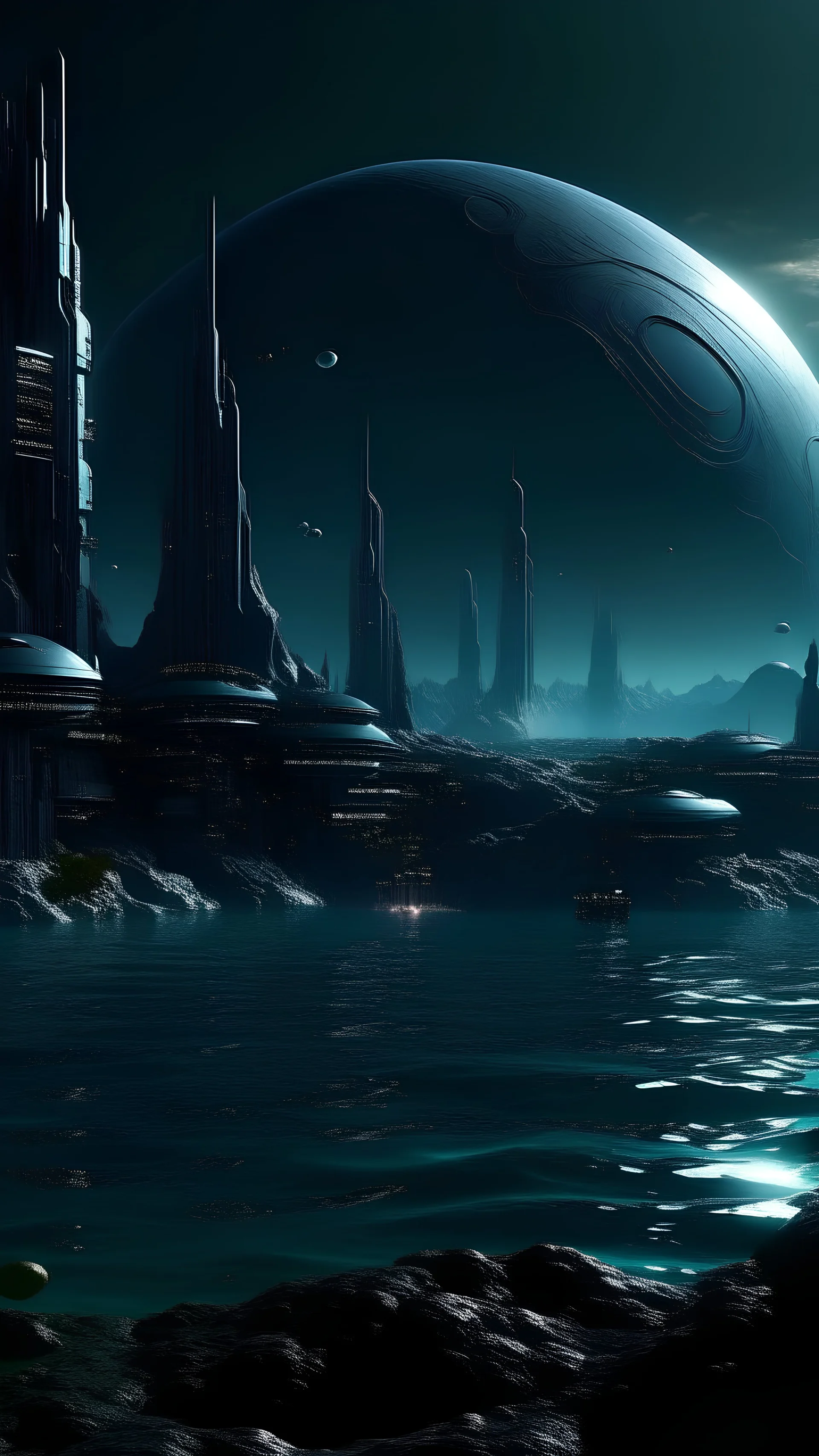 sci fi planet, alien city, ocean, dark