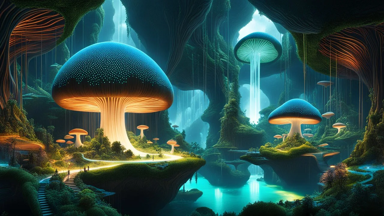 interconnected, floating islands,representing a different aspect of a fantastical world.linked by a complex network of glowing, organic strands.Some islands feature natural landscapes like forests and waterfalls, others have unique structures such as giant, hollowed-out mushroom as a library or crystal-encrusted cave.The strands vary in color, intensity, some pulsating light, suggesting living, breathing ecosystem. background dreamy gradient twilight colors serene magical atmosphere, detailed