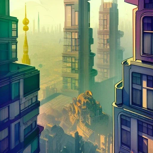 "Skyline of a city"inter war modernism architecture+detailed facades+ biopunk+berlin+Book illustration by Gediminas Pranckevičius, Jean Baptiste Monge, Brian Kesinger, Anton fadeev, strong lines, high contrast vibrant colors, highly detailed, 16k resolution, trending on behance""