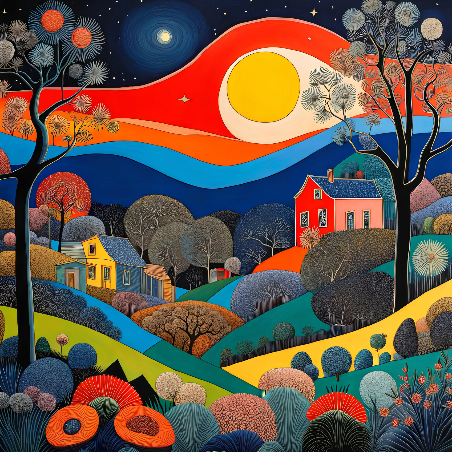 Colourful, peaceful, Max Ernst, Henri Rousseau, night sky filled with galaxies and stars, rock formations, trees, flowers, houses, one-line drawing, sharp focus, 8k, deep 3d field, intricate, ornate, hypermaximalist