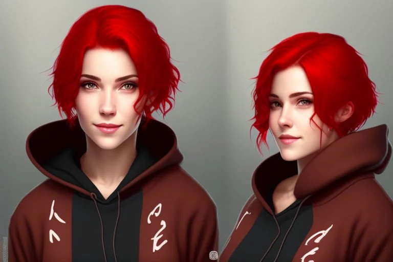 Woman with bright, short red hair, brown eyes, wearing a black hoodie, realistic, slight smile