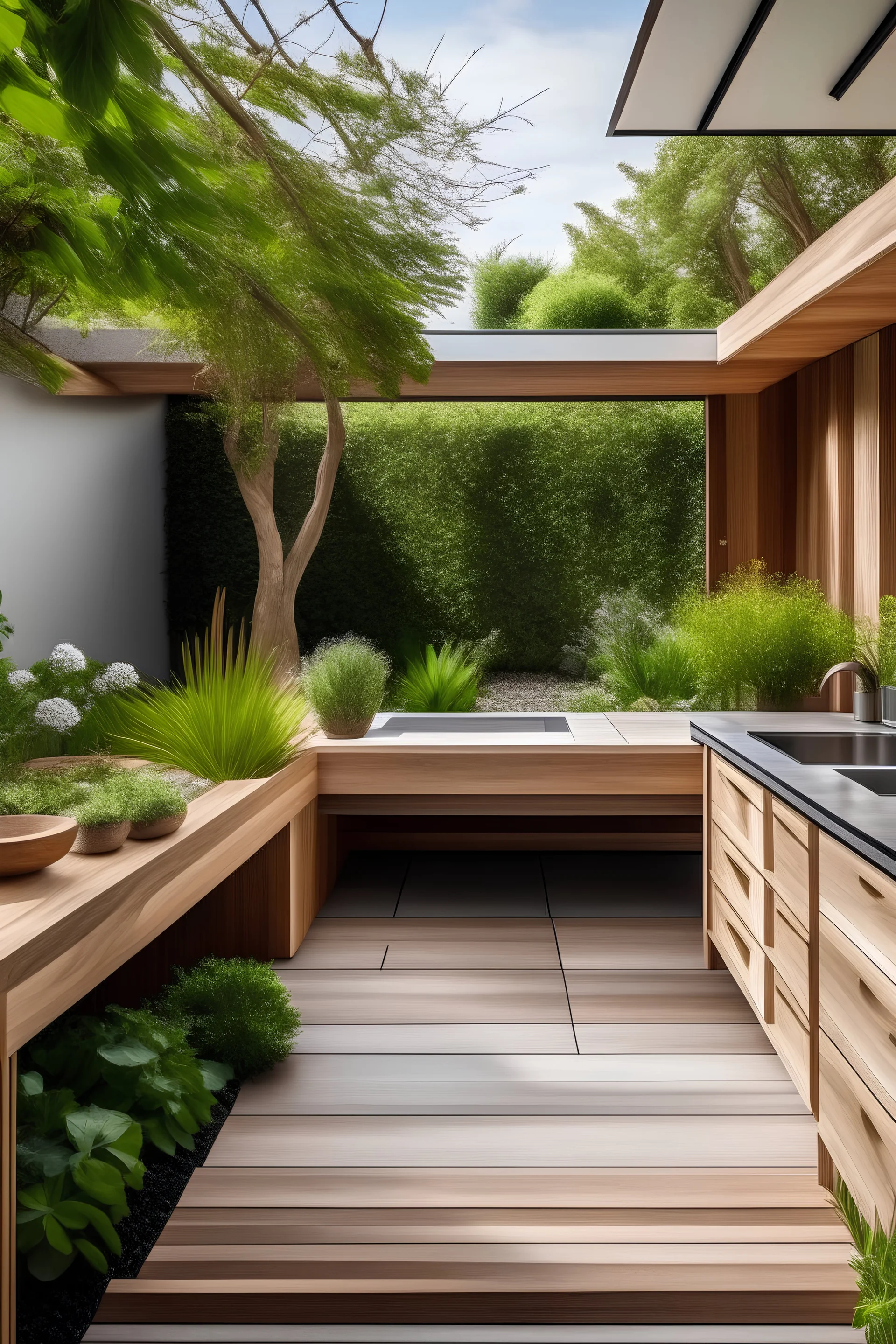Cozinha minimalista, moderna, grande, chao madeira, jardim exterior