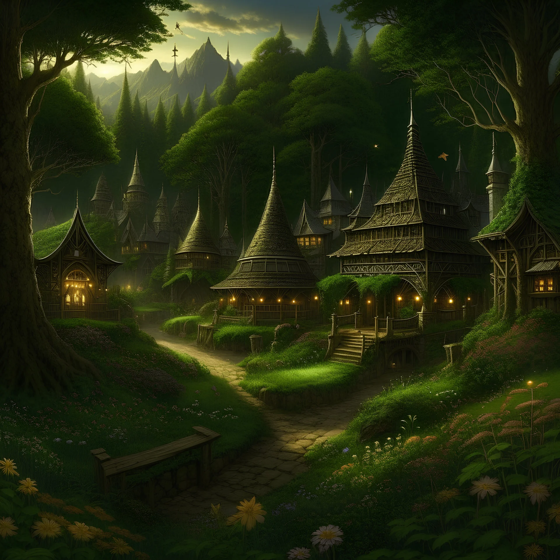 Pagan town, viking art, highly detailed with lush forests, green leafs, flowers, pagan temple with runes, high resolution, 24k, ornate, intricate, complex, digital painting, smooth