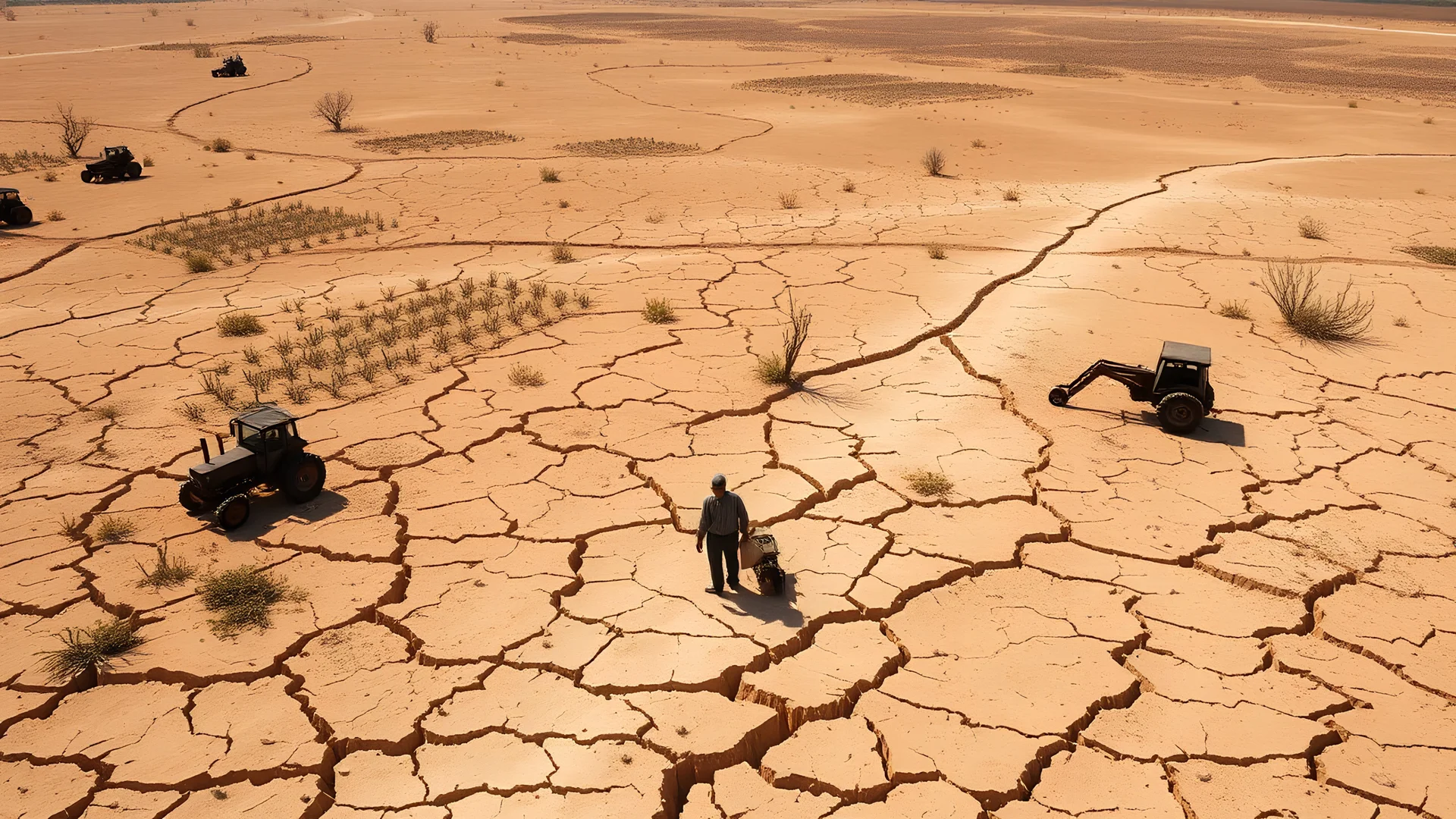 Climate emergency. An expansive farmland turned barren desert, with deep cracks running through the dry, dusty soil. Crops lie dead and withered, and abandoned farming equipment rusts in the harsh sun. A lone farmer stands in despair, looking at the parched earth. Beautiful award-winning photograph, shocking, balanced delightful composition, perfect lighting, superb detail, 16k render