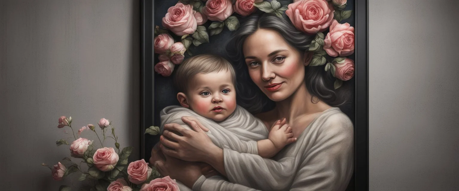 Hyper Realistic framed portrait of a mother carrying her child with flowers & roses around them at night with simpled textured wall