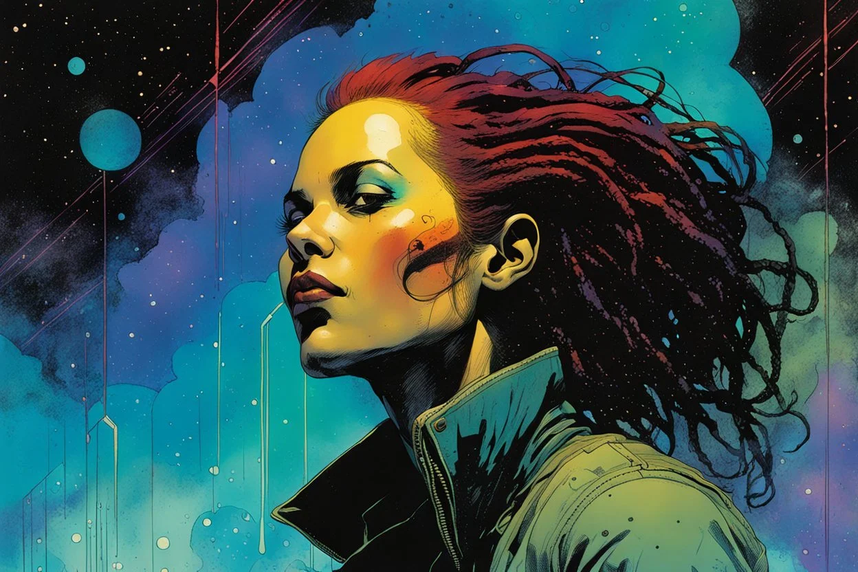 create an imaginative scene with an amorphous female interstellar cybernetic pirate with finely detailed facial features, short dreadlock hair, in a smokey alien bar, the comic book art style of Bill Sienkiewicz, Mike Mignola, and Jean Giraud Moebius, finely textured, drawn, colored, and inked