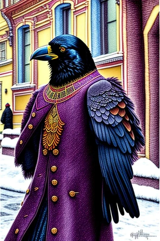 One single mature crow with russian clothes, dancing on the street, Moscow, happy, perfect iris, colours, model style, hyper realistic, extremely accurate, delicate, extremely detailed, Graphic novel style, wide-angle, open aperture, superfine pencil