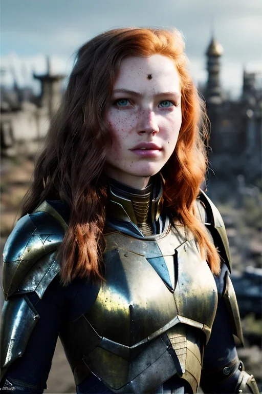 ultrarealistic, concept art, ruined city,__intricate fantasy armor__, no star, __angles__, 18 year old woman, strikingly beautiful,ginger hair, _colour_, (pale __skincolor__ skin:1.2), __camera__, long hair, detailed face and eyes, medium breasts, sci-fi theme, freckles, dynamic pose, resolved expression, __accessory__, strappy outfit, (straps:1.1), sword in scabbard on left hip, (buckles, buttons, snaps, rings:1.0), haltertop style breastplate, detailed eyes, plump lips